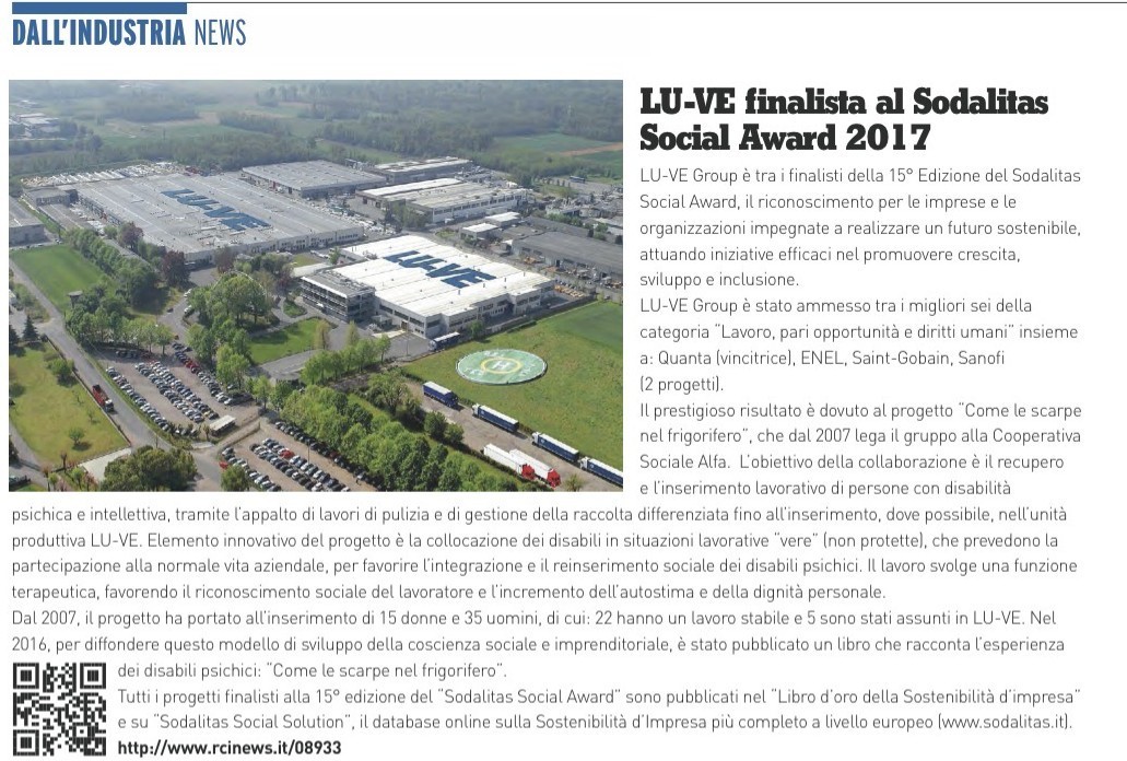 LU-VE FINALISTA AL SODALITAS SOCIAL AWARD 2017