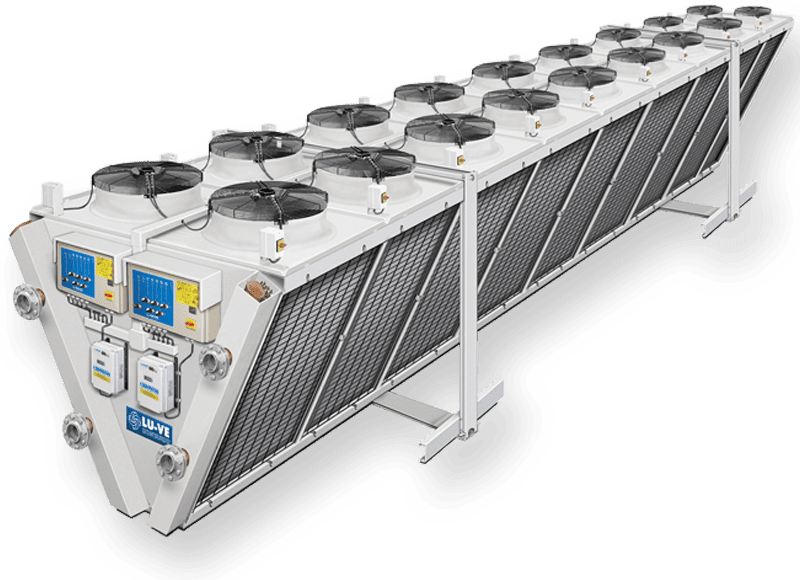 Flüssigkeits-Rückkühler mit V-förmig angeordneter Batterie und doppelter Ventilatorenreihe EHLD